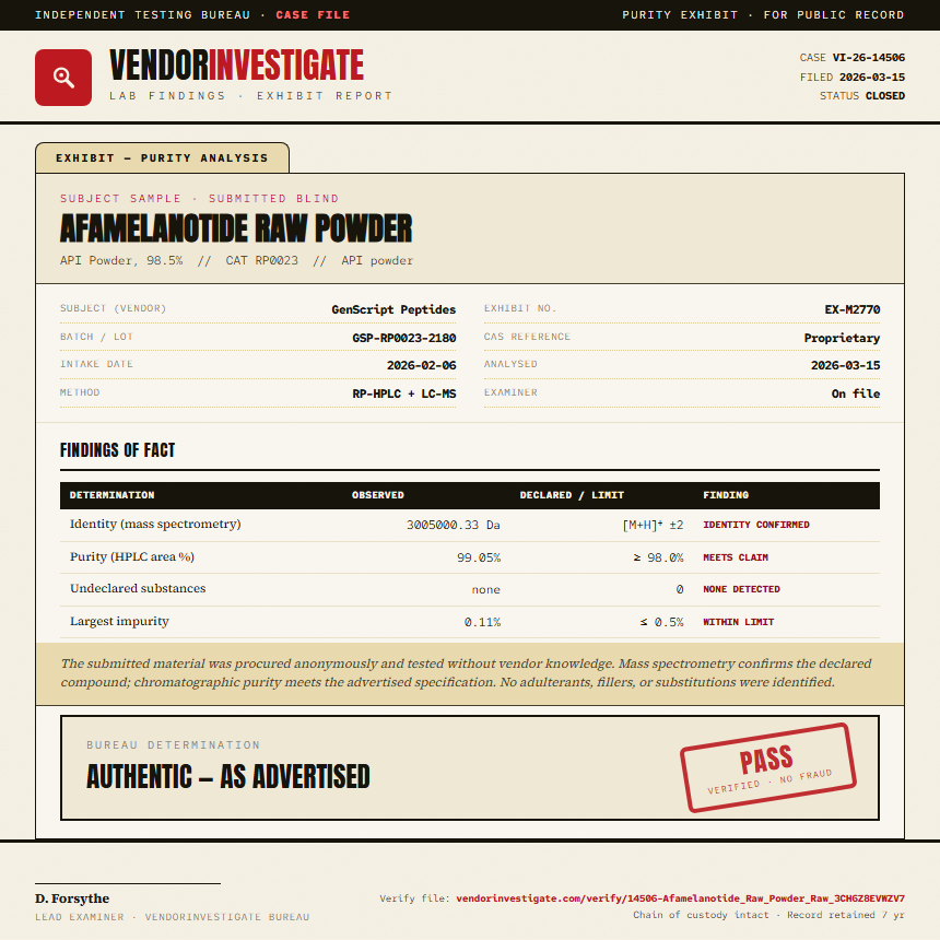 Afamelanotide Raw Powder Purity (HPLC) report by VendorInvestigate