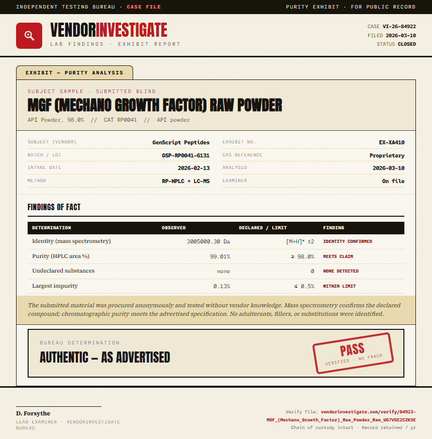 MGF (Mechano Growth Factor) Raw Powder Purity (HPLC) report by VendorInvestigate