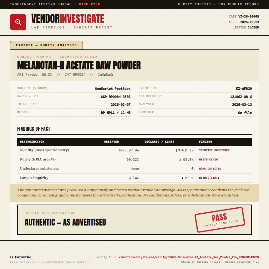 Melanotan-II Acetate Raw Powder Purity (HPLC) report by VendorInvestigate