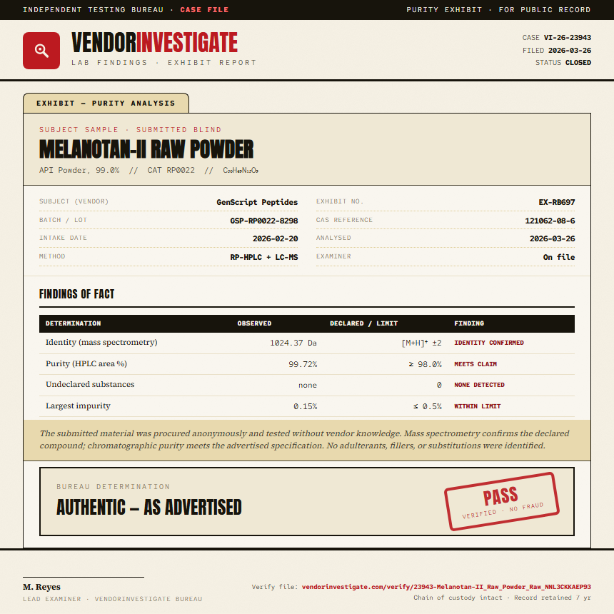 Melanotan-II Raw Powder Purity (HPLC) report by VendorInvestigate