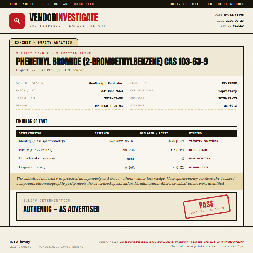 Phenethyl bromide (2-bromoethylbenzene) CAS 103-63-9 Purity (HPLC) report by VendorInvestigate