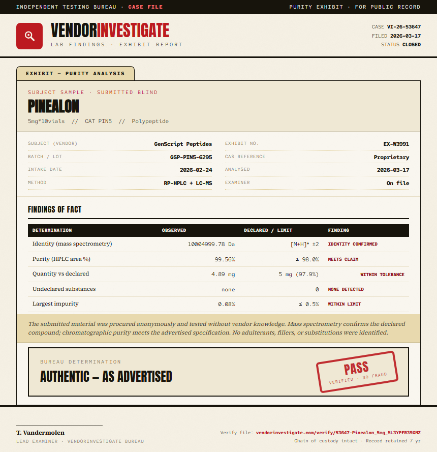 Pinealon Purity (HPLC) report by VendorInvestigate