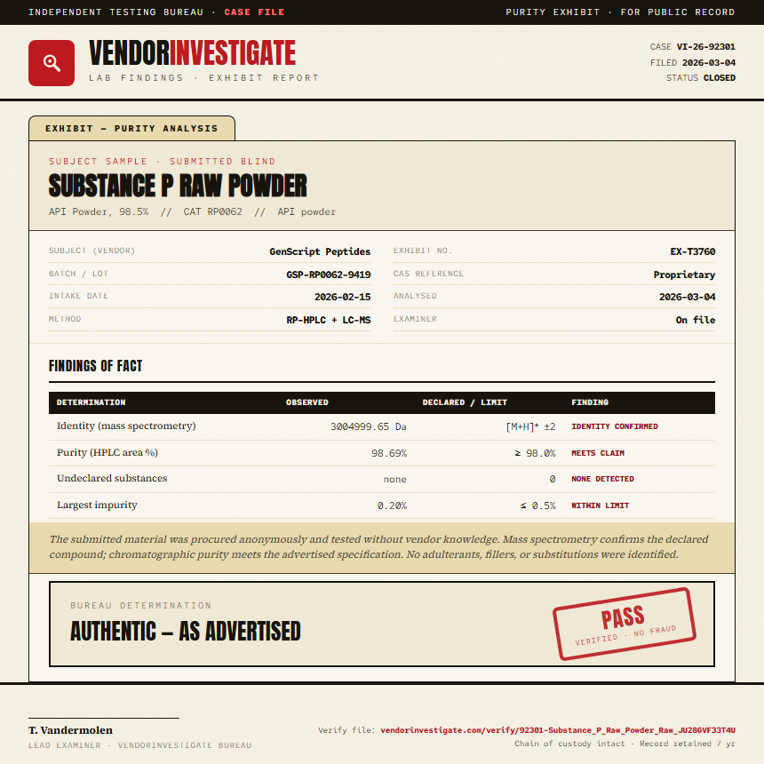 Substance P Raw Powder Purity (HPLC) report by VendorInvestigate