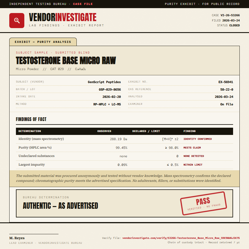 Testosterone Base Micro Raw Purity (HPLC) report by VendorInvestigate