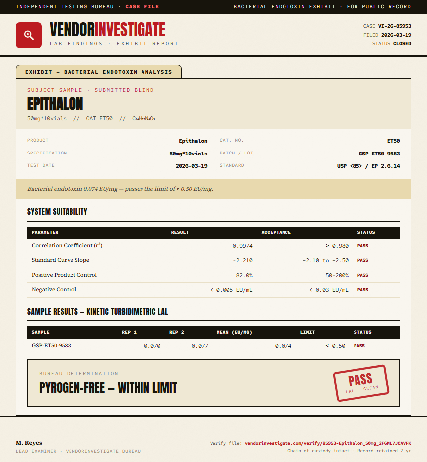 Epithalon Endotoxin report by VendorInvestigate