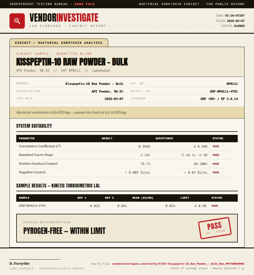 Kisspeptin-10 Raw Powder - Bulk Endotoxin report by VendorInvestigate