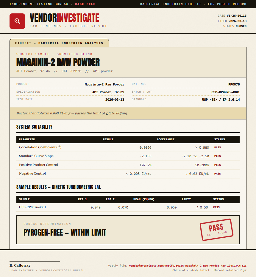 Magainin-2 Raw Powder Endotoxin report by VendorInvestigate