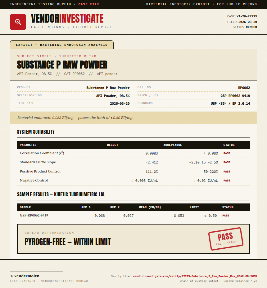Substance P Raw Powder Endotoxin report by VendorInvestigate