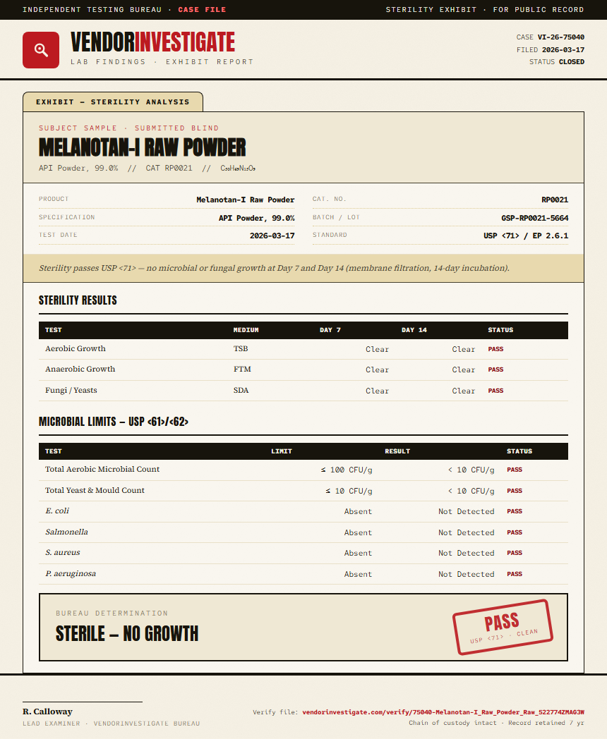 Melanotan-I Raw Powder Sterility report by VendorInvestigate